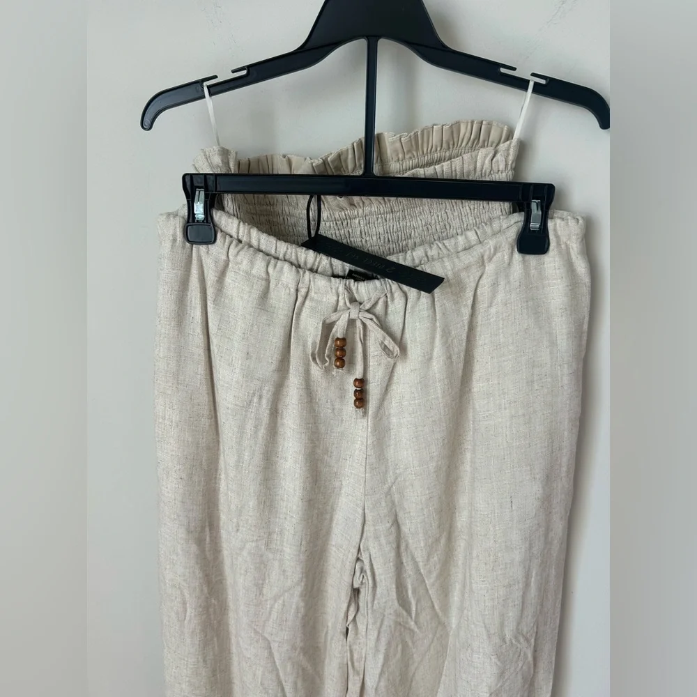 Beige pink palm tree print tube top & wide leg pants two piece set